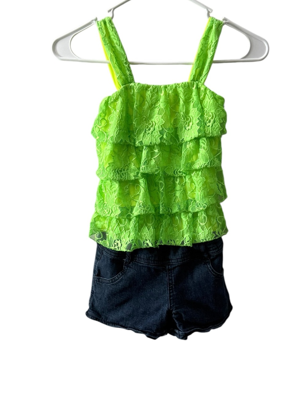 My Michelle Girls Size 7 Neon Green Lace Romper Denim Shorts.